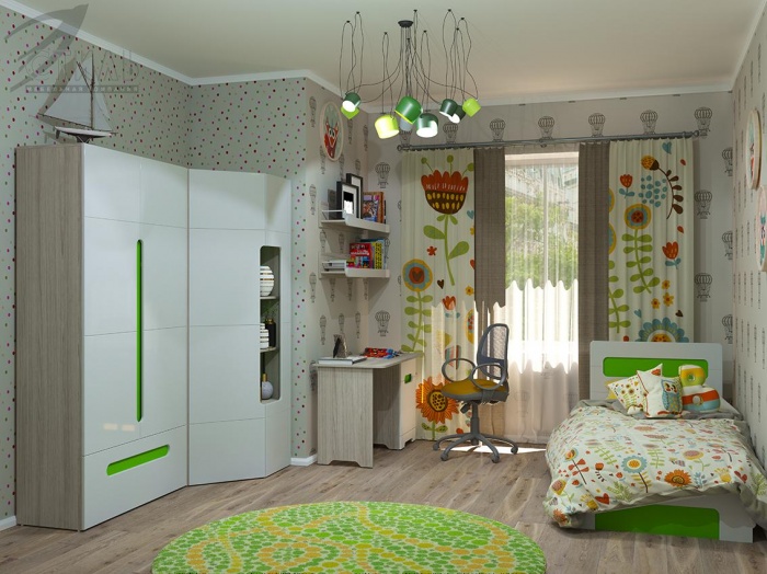 Детская Мебель Палермо Юниор Ясень Шимо / Белый глянец (Зелёные вставки) ― Мебель в Краснодаре